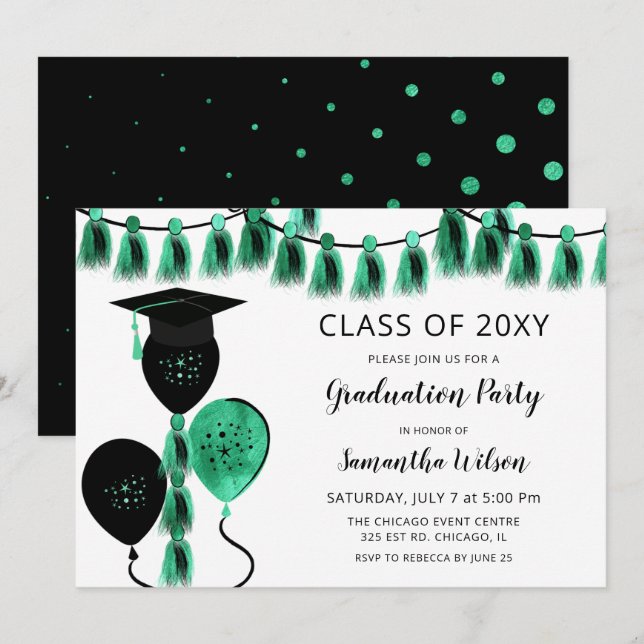 Black Teal Balloons Grad Hat Graduation Party Invitation (Front/Back)