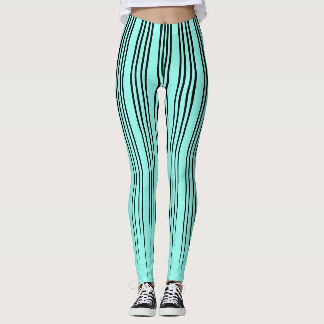 Black/Teal Blue Dripping Line Pattern Leggings (Front)