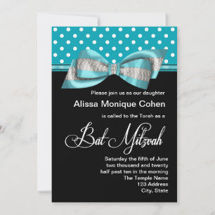 Black Teal Blue Polka Dot Bat Mitzvah Invitation