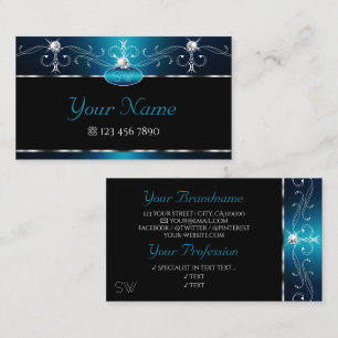 Black Teal Blue Squiggles Sparkle Jewels Initials Business Card