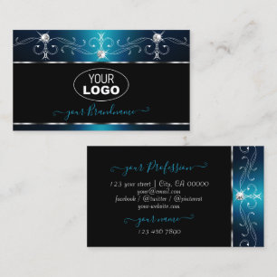 Black Teal Blue Squiggles Sparkle Jewels with Logo Business Card