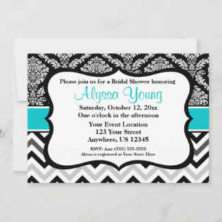 Black Teal Damask Chevron Invitation