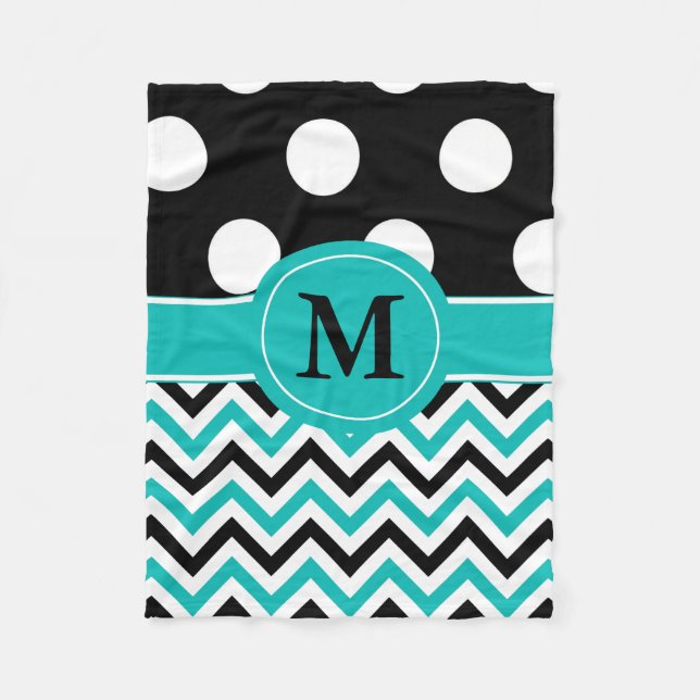 Black Teal Dots Chevron Monogram Blanket (Front)
