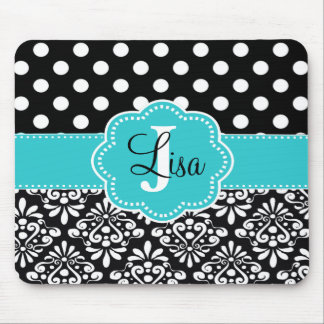 Black Teal Dots Damask Personalized Mouse Pad
