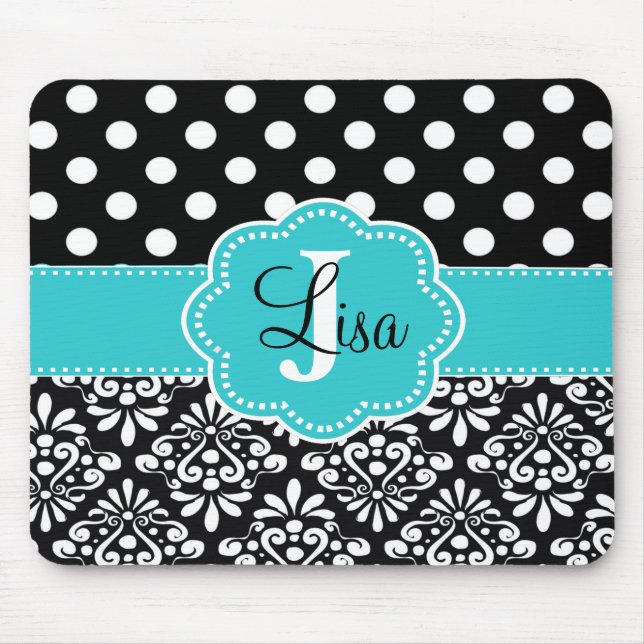 Black Teal Dots Damask Personalized Mouse Pad (Front)