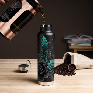 Black & Teal Feathers and flowers Water Bottle