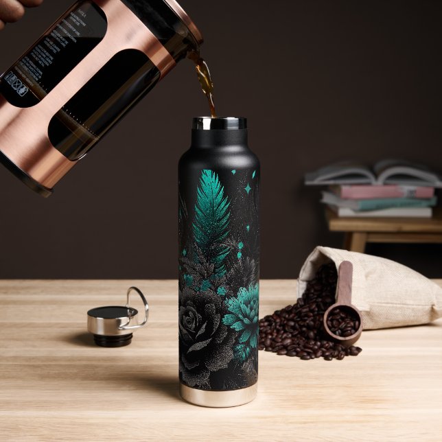 Black & Teal Feathers and flowers Water Bottle (Coffee)