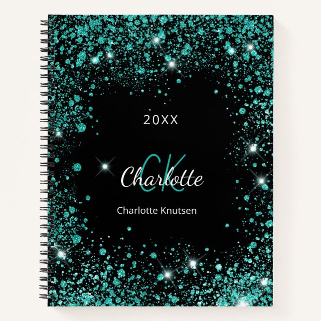 Black teal glitter dust green monogram initials notebook (Front)