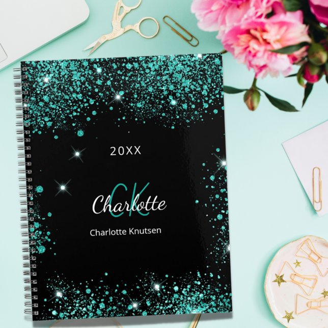 Black teal glitter green monogram initials 2022 planner (Creator Uploaded)