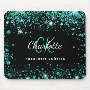 Black teal glitter sea green monogram name mouse pad