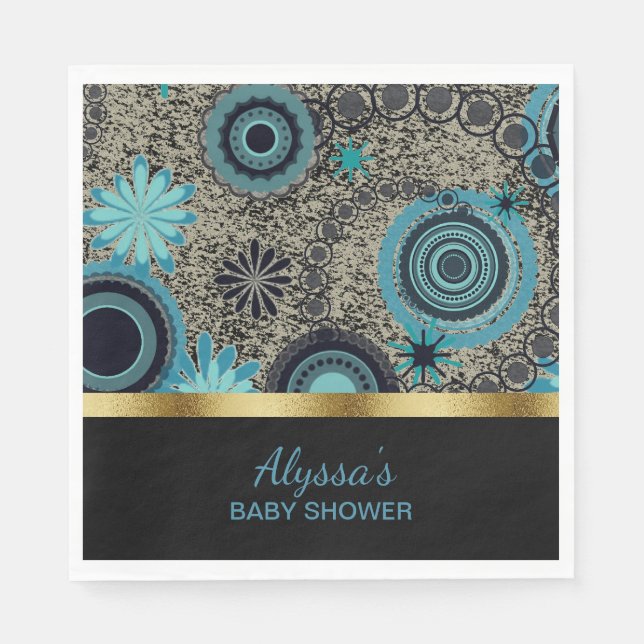 Black Teal Gold Personalized Baby Shower Napkin (Front)