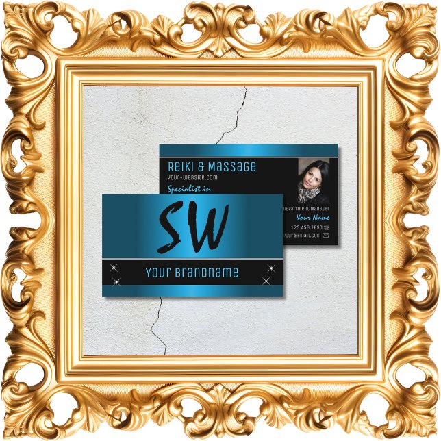 Black Teal Gradient Chic with Monogram and Photo Business Card (Creator Uploaded)