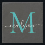 Black Teal Green Monogram Feminine Script Name Stone Coaster<br><div class="desc">Elegant Modern Black Teal Aqua Green Monogram Feminine Script Name Stone Coaster</div>