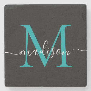 Black Teal Green Monogram Feminine Script Name Stone Coaster