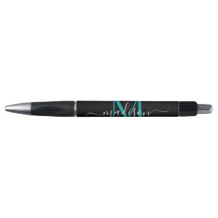 Black Teal Green Monogram Script Name Stylish Pen