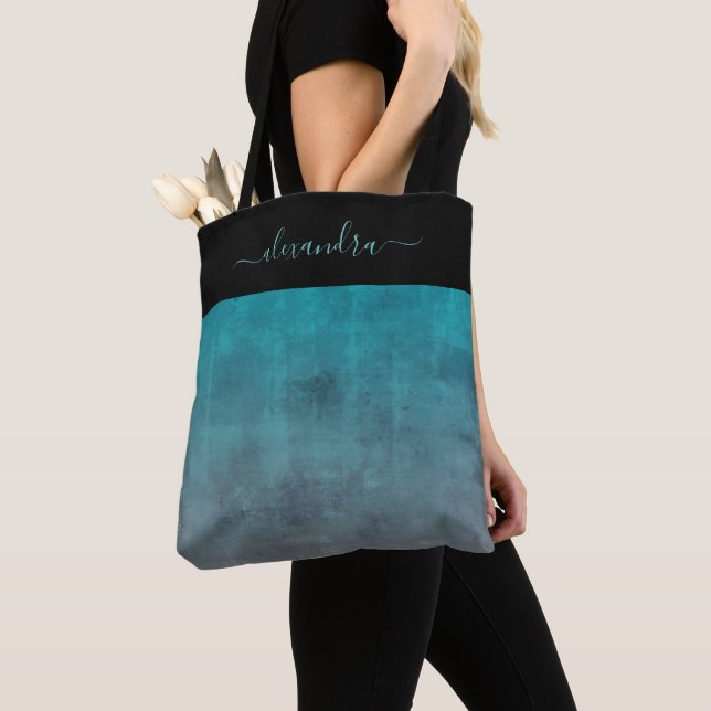 Black Teal Grey rustic ombre elegant personalized Tote Bag (Close Up)