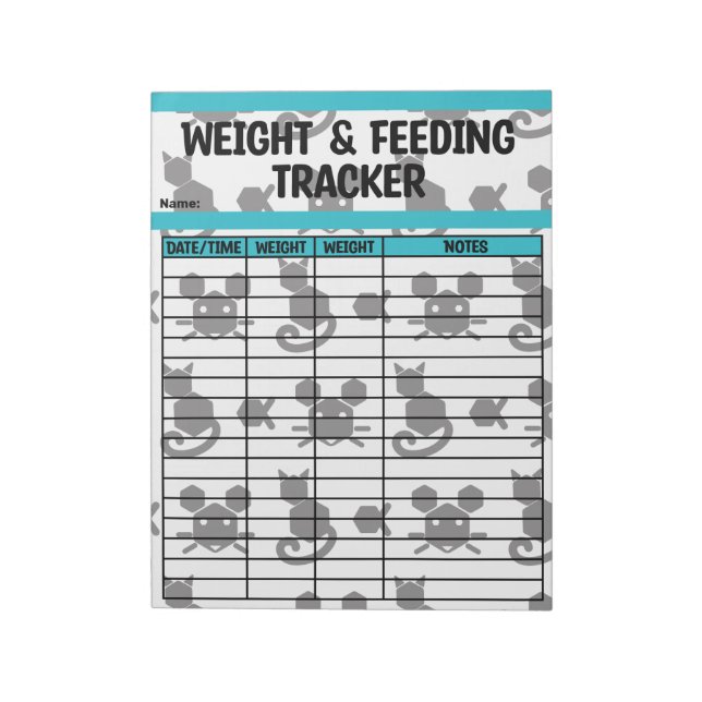 Black & Teal Hexagon Cat Weight & Feeding Chart Notepad (Rotated)