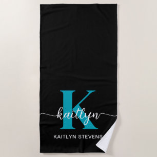 Black Teal Monogram Beach Towel