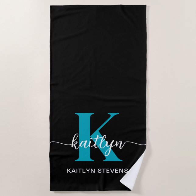 Black Teal Monogram Beach Towel (Front)