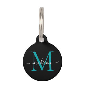 Black Teal Monogram Feminine Script Name Pet Tag