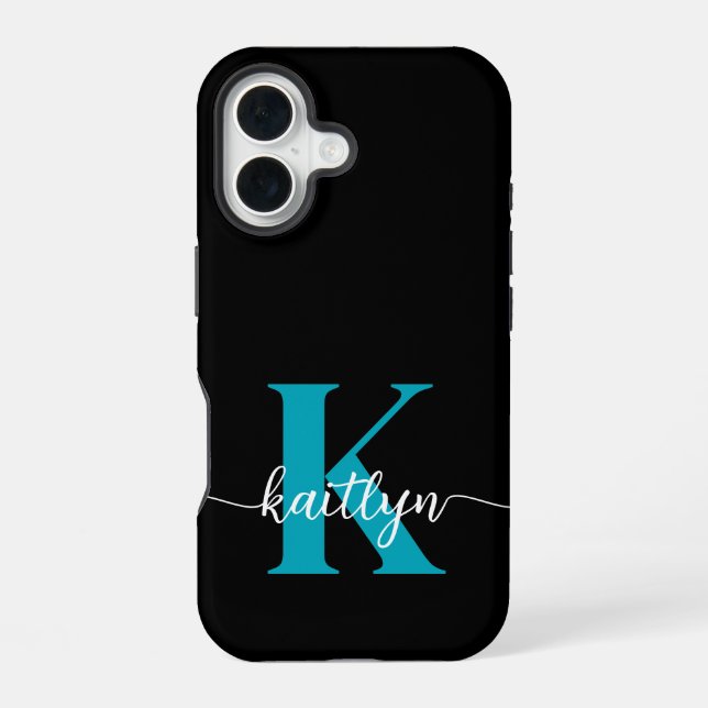 Black Teal Monogram iPhone 16 Case (Back)