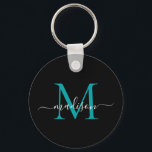 Black Teal Monogram Name Elegant Modern Script Keychain<br><div class="desc">Simple Black Teal Green Monogram Elegant Modern Script Keychain</div>