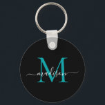 Black Teal Monogram Name Elegant Modern Script Keychain<br><div class="desc">Simple Black Teal Green Monogram Elegant Modern Script Keychain</div>