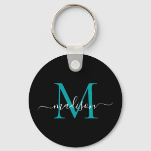 Black Teal Monogram Name Elegant Modern Script Keychain