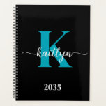 Black Teal Monogram Planner<br><div class="desc">This simple, elegant black 8.5 x 11 soft planner with your first name in a trendy script font in white and your first initial in a modern cap font in teal is perfect for you. It's stylish and trendy and yet very classic. It will make keeping appointments, meetings, deadlines, homework...</div>
