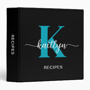 Black Teal Monogram Recipe Binder