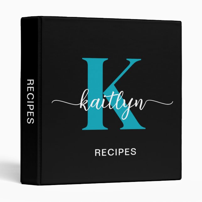 Black Teal Monogram Recipe Binder (Front/Spine)