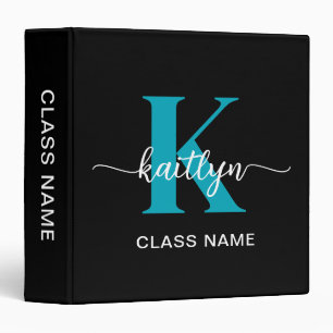 Black Teal Monogram School Subject Binder