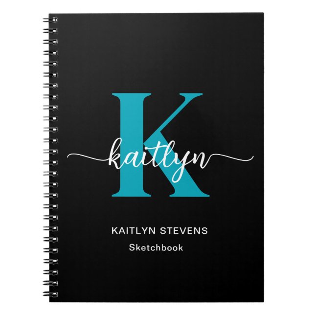 Black Teal Monogram Sketchbook Notebook (Front)