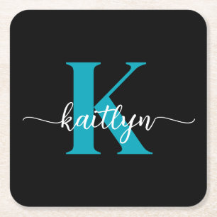 Black Teal Monogram  Square Paper Coaster