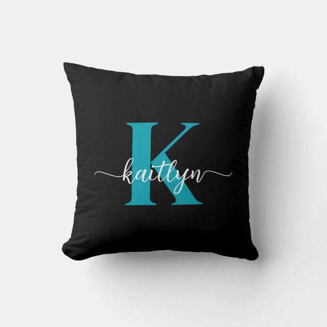 Black Teal Monogram Throw Pillow (Front)