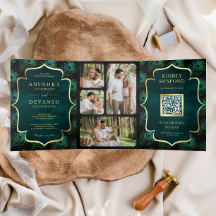 Black Teal Peacock Feathers QR Code Wedding Tri-Fold Invitation