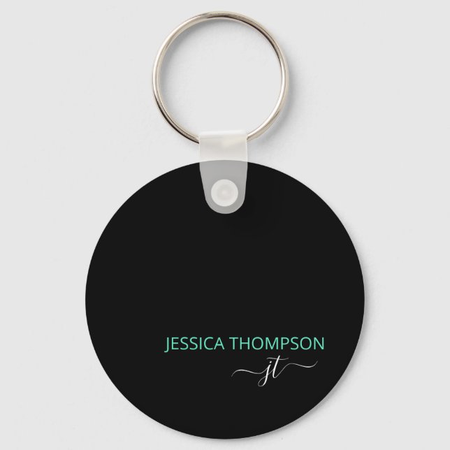 Black Teal Personalized Modern Monogram Name Keychain (Front)