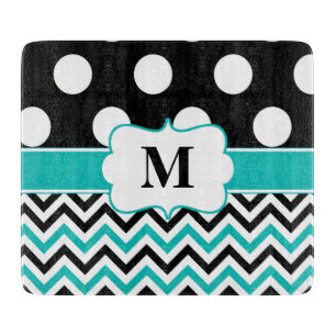 Black Teal Polka Dots Chevron Monogram Cutting Board