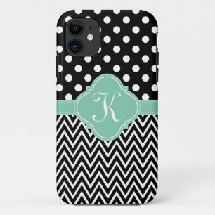 Black Teal Polka Dots Chevron Quatrefoil Monogram iPhone 11 Case