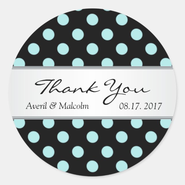 Black & teal polka dots Wedding Thank you Classic Round Sticker (Front)