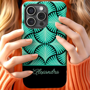 Black Teal Retro 1920s Gatsby Palms Script Name iPhone 15 Case