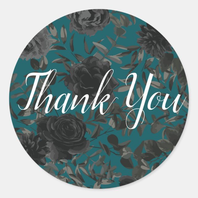 Black Teal Rose Gothic Elegant Wedding Classic Round Sticker (Front)