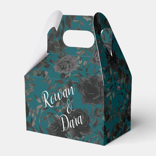Black Teal Rose Gothic Elegant Wedding Favor Box (Front Side)