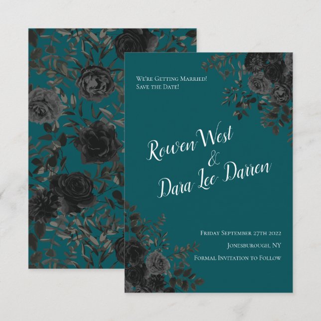 Black Teal Rose Gothic Elegant Wedding Invitation (Front/Back)
