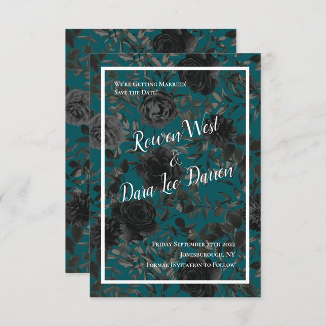 Black Teal Rose Gothic Elegant Wedding Invitation (Front/Back)