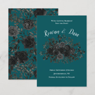 Black Teal Rose Gothic Elegant Wedding Invitation