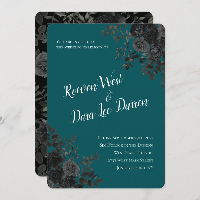 Black Teal Rose Gothic Elegant Wedding Invitation (Front/Back)
