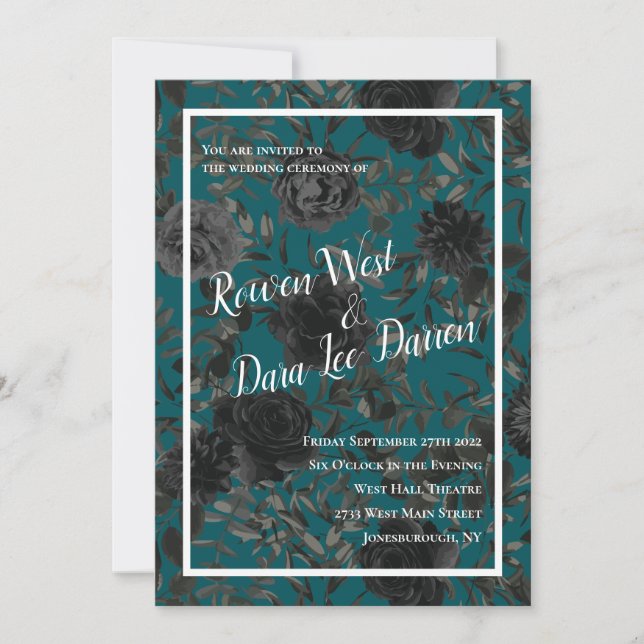 Black Teal Rose Gothic Elegant Wedding Invitation (Front)