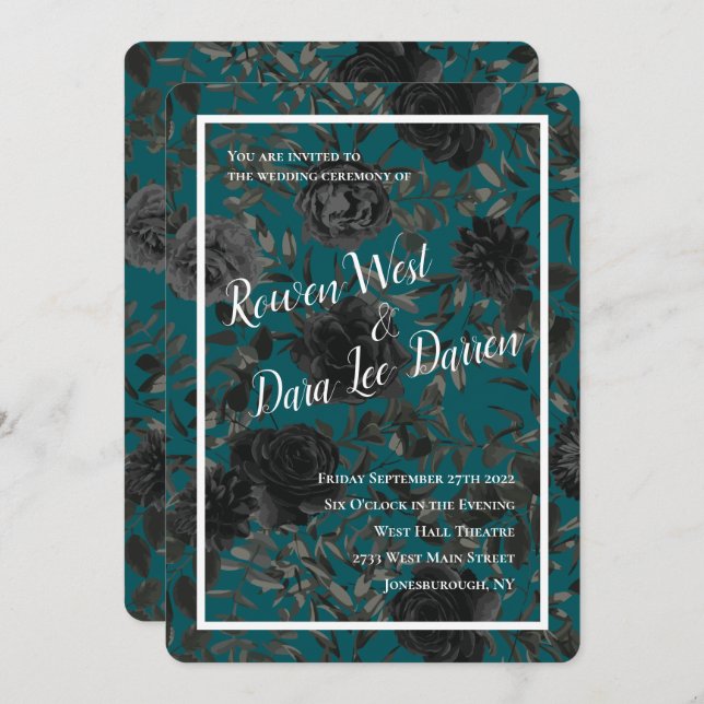 Black Teal Rose Gothic Elegant Wedding Invitation (Front/Back)