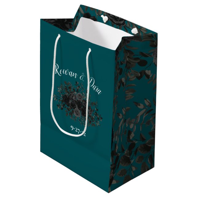 Black Teal Rose Gothic Elegant Wedding Medium Gift Bag (Front Angled)